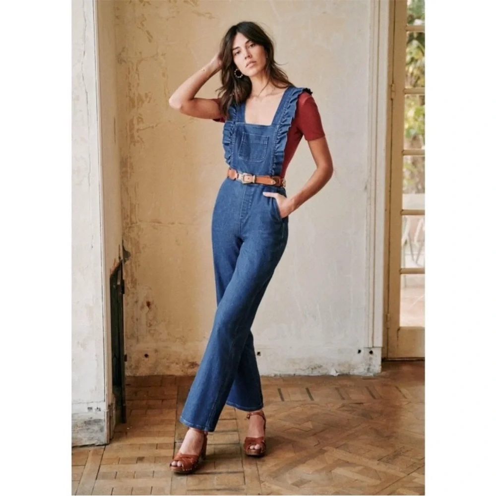 Sezane Rosario Denim Jean Overalls Ruffle Jumpsuit 38 - Picture 5 of 13